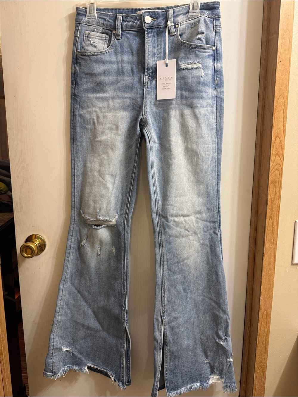 Risen High-Rise Light Wash Distressed Flare Jeans - Light Blue